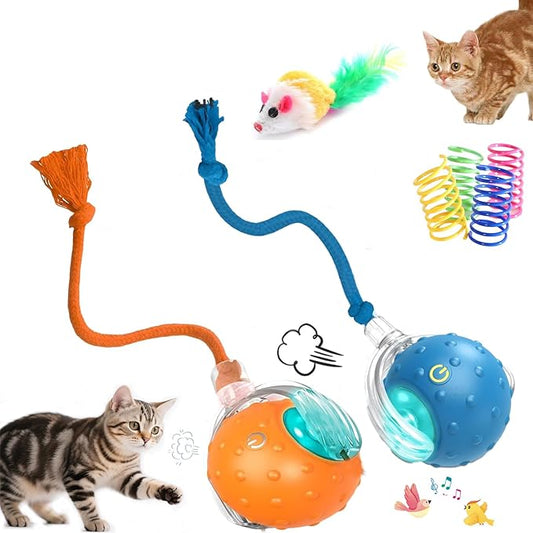 2-Pack Interactive Cat Toys Ball - 2025 New Gen with 360° Auto-Rotation Smart Obstacle Avoidance,Includes 4 Cat Spiral Spring＆1 Furry Cat Toy Mice,Ideal Kitten Toys for Bored Indoor Cats(Orange＆Blue)-PawvioPets