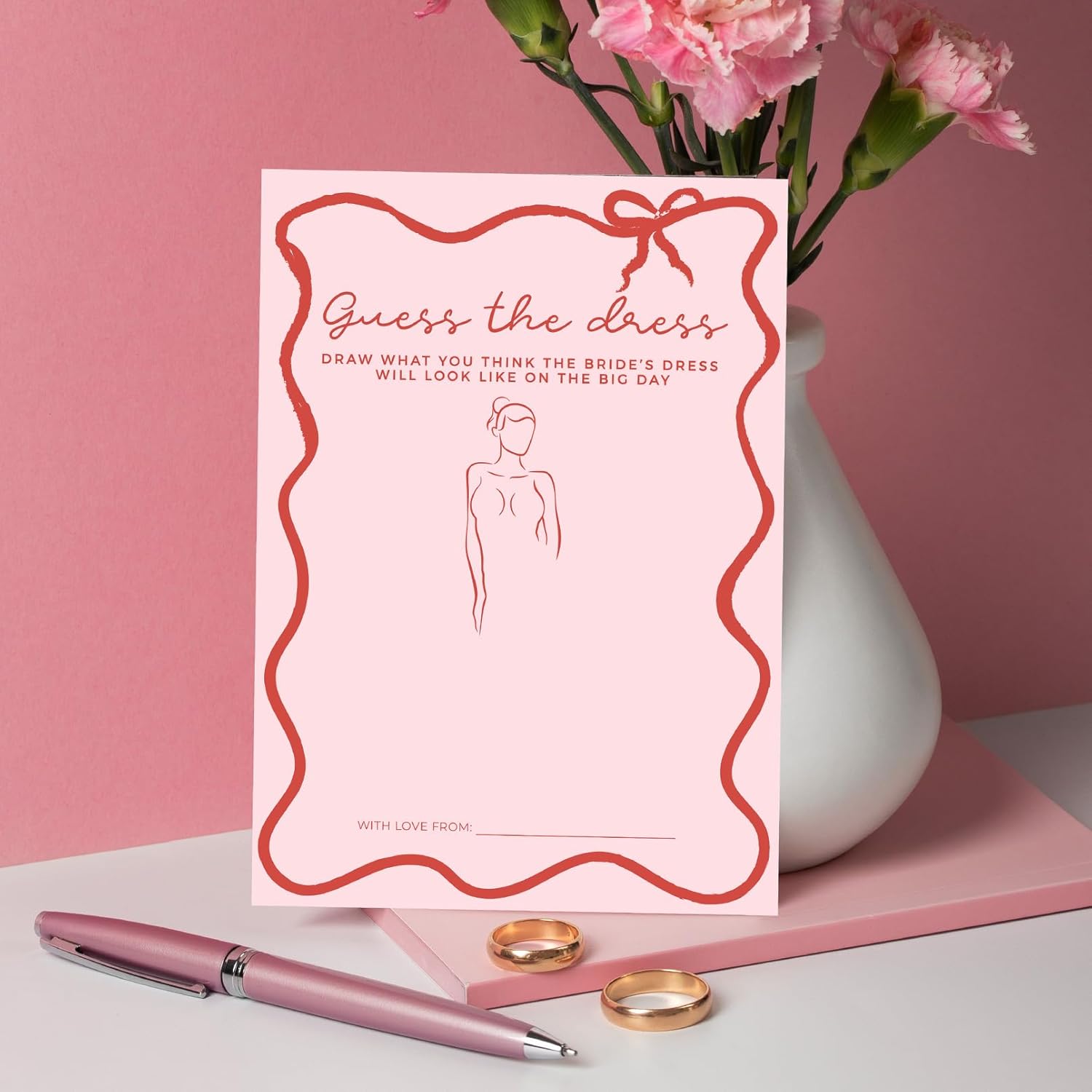 DEEKA 30 PCS Bridal Shower Games Card for 30 Guests Pink Wavy Border Ribbon Bow Funny Wedding Bachelorette Party Games for Reception (Guess The Dress)