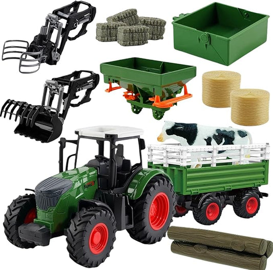Farm Toys Tractor with Trailer-16.5 Inches Tractor Playset 1/24 Scale Gripper Frontloader Spreader for Boys Kids Toddlers Age 3-7 Years Old-PawvioPets