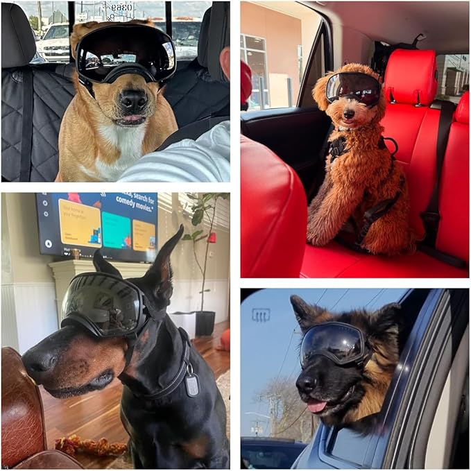 Dog Sunglasses UV Protection Clear Dog Goggles Windproof Glasses with Elastic Straps for Medium-Large Breed, Black Frame + Black Lens-PawvioPets