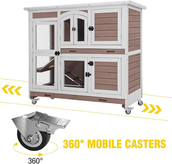 Aivituvin Rabbit Hutch Indoor, Bunny Cage with Wheels, 2-Story Design, 2 Deep Trays, Anti Slip Ramp, Ideal for Small Animals - Brown-PawvioPets