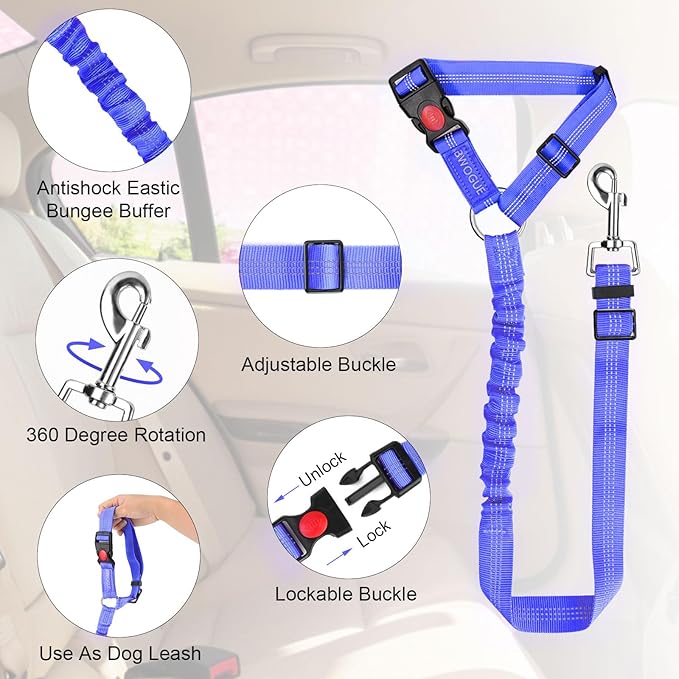 BWOGUE Pet Dog Cat Seat Belts, Car Headrest Restraint Adjustable Safety Leads Vehicle Seatbelt Harness (1 Pack)-PawvioPets