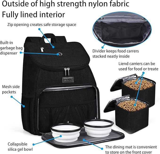 BAGLHER丨Dog Travel Bag, Airline Approved Pet Supplies Backpack, Dog Travel Backpack Accessories Set with 2 Silicone Collapsible Bowls and 2 Food Baskets. Black-PawvioPets