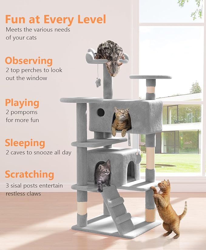 54" Cat Tree Tower for Indoor Cats Large Adult,Cute/Tall Modern Cat Tree for Big Cats 20 lbs, Plush Multi-Level Cat Condo with Scratching Posts, Dangling Ball for Fun (Light Gray, 54 inch)-PawvioPets