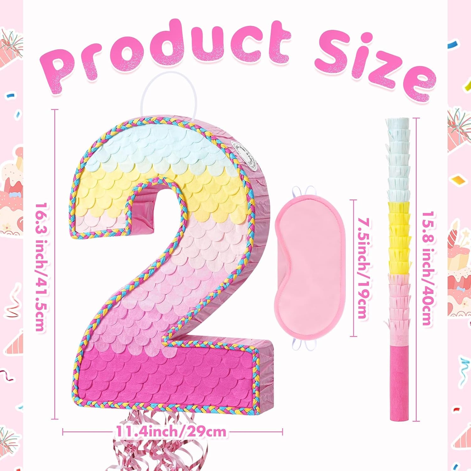 WERNNSAI Pink Sweet Two Pinata - Number 2 Pinata Happy Birthday Decoration Pink Rainbow Design Party Games for Girl Princess Baby Shower Party Favor with Blindfold Anniversary Celebration Supplies