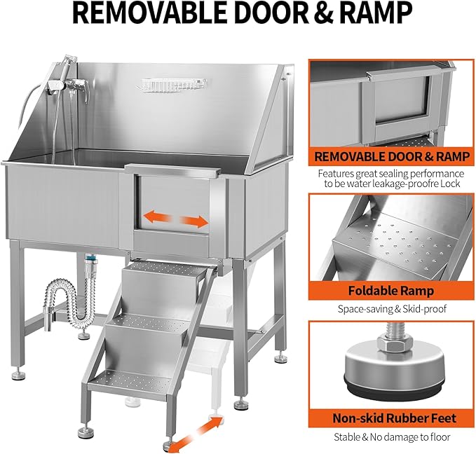 38 Inch Dog Bathing Station for Large Dogs, Stainless Steel Dog Pet Washing Station, Professional Dog Grooming Tub, Pet Wash Bath Station,Right Door-PawvioPets