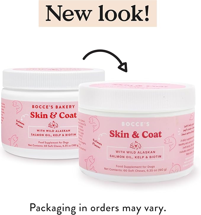 Bocce's Bakery Skin & Coat Supplement for Dogs, Daily Chews Made in The USA with Vitamin E & Essential Fatty Acids, Supports Healthy Skin & Coat, Salmon, 60 ct, Red (DG-SP-SKIN60)-PawvioPets