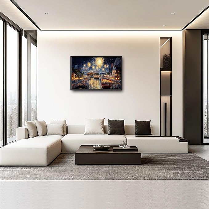 Framed Large Firework Night Sky Wall Art, Oversized European City Landscape Wall Decor for Living Room, River Boats Canvas Pictures Home Decoration for Living Room Bedroom Office 36"x24"-PawvioPets