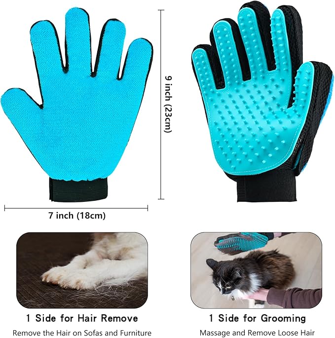 2 in 1 Cat Grooming Glove, Double-Sided Use Pet Hair Remover Glove, 1 Side is Gentle Grooming for Dogs, Cats, the Other is Effective Hair Remover for Furniture, Clothing (Light Blue, Right-Hand)-PawvioPets