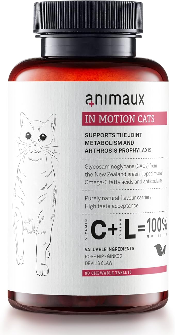 animaux - in Motion Cats, Green-lipped Mussel, Devil's Claw, Rose Hip & Ginkgo, Support for Bones, Joints, Cartilage, tendons, with Hyaluron, Collagen, 90 chewable Tablets, 90 Days Supply-PawvioPets