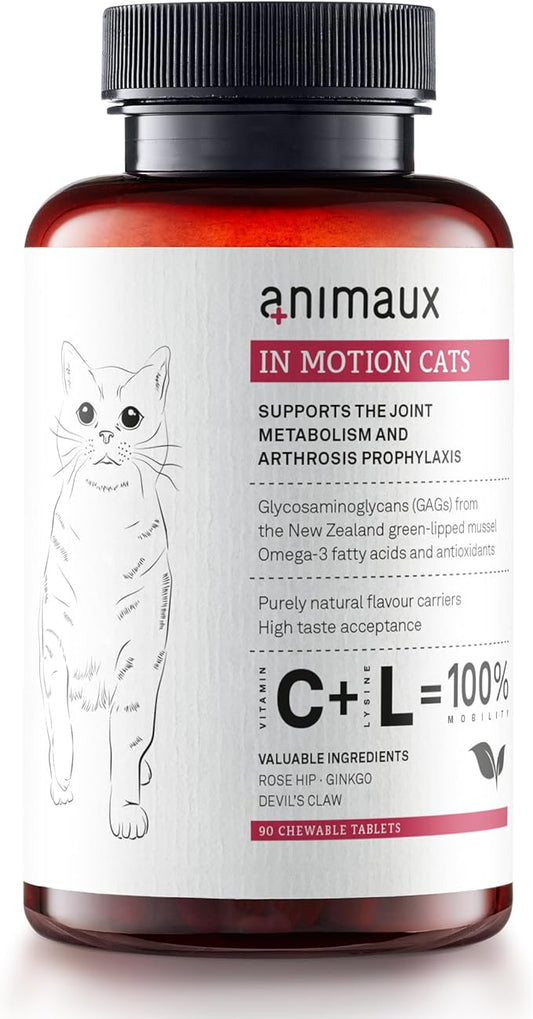 animaux - in Motion Cats, Green-lipped Mussel, Devil's Claw, Rose Hip & Ginkgo, Support for Bones, Joints, Cartilage, tendons, with Hyaluron, Collagen, 90 chewable Tablets, 90 Days Supply-PawvioPets