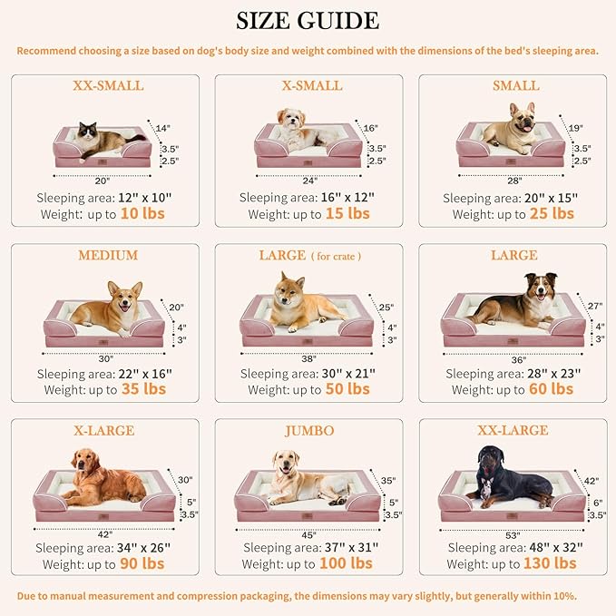 Comfort Expression Small Dog Beds Waterproof Orthopedic Foam Dog Sofa Beds for Small Dogs Comfy Pet Bed with Washable Removable Cover & Non-Slip Bottom(X-Small,Pink)-PawvioPets
