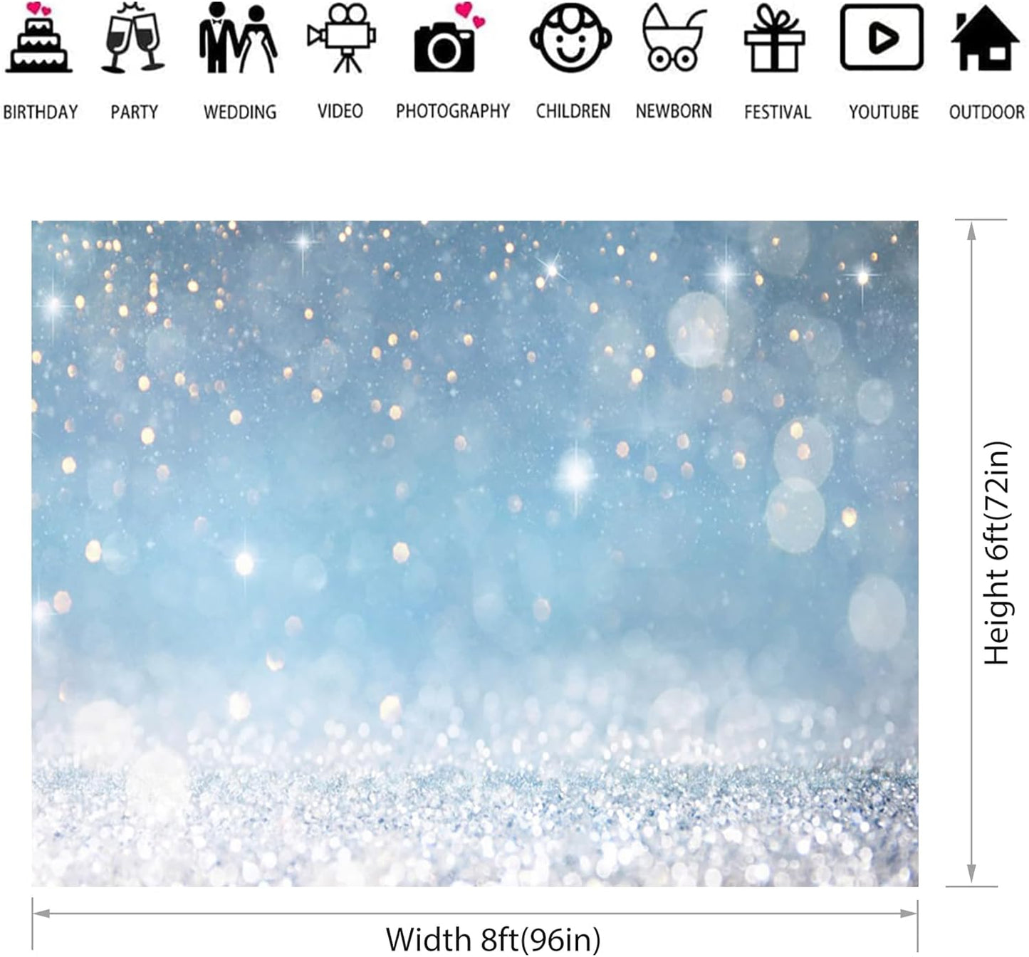 8x6ft Blue Bokeh (Not Glitter) Backdrops Birthday Party Abstract Golden Sparkling Spots Photography Background Baby Shower Wedding Prom Graduation Party Bokeh Decor Banner Photoshoot Props