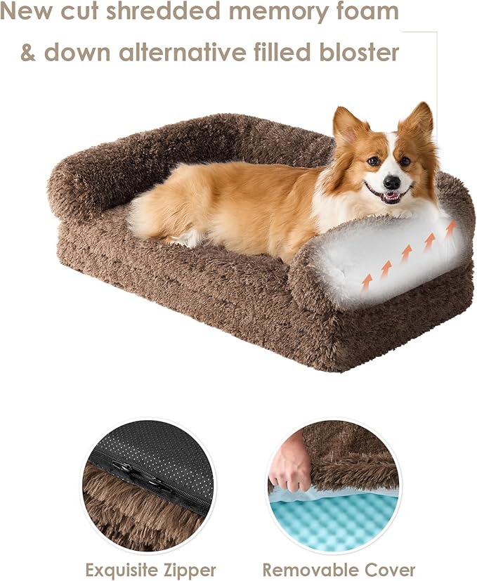 EHEYCIGA Foldable XL Dog Bed, Faux Fur Fluffy Pet Couch Bed for Large Dogs, Orthopedic Calming Memory Foam Big Pet Bed, Washable Soft Pet Sofa Bed with Non-Slip Bottom, Brown, 46"x34"x6.5"-PawvioPets