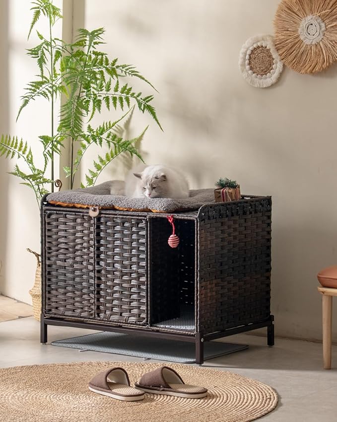 Cat Litter Box Enclosure Furniture with Divider, Handwoven Rattan Litter Box with Mat, 31.2 x 19.6 x 24.2 Inches, Metal Heightened Feet, Hidden Cat House for Living Room, Bedroom (Brown)-PawvioPets