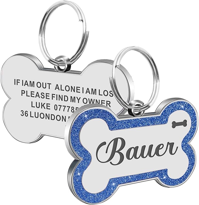 Dog Tags Personalized for Pets Dog Name Tags Personalized Dog Tag Engraved with Any Name & Text Custom Dog ID Tags Glitter Bone ID Tag for Puppy Cat (Blue S, Bone)-PawvioPets