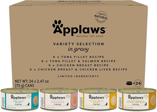 Applaws Natural Wet Cat Food in Gravy, Limited Ingredient Canned Wet Cat Food, No Additives, Made with Natural Ingredients, Variety Selection in Gravy Cans (24 x 2.47oz Cans)-PawvioPets