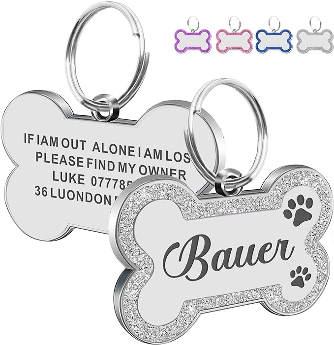Dog Tags Personalized for Pets Dog Name Tags Personalized Dog Tag Engraved with Any Name & Text Custom Dog ID Tags Glitter Bone ID Tag for Puppy Cat (Silver S, Bone)-PawvioPets