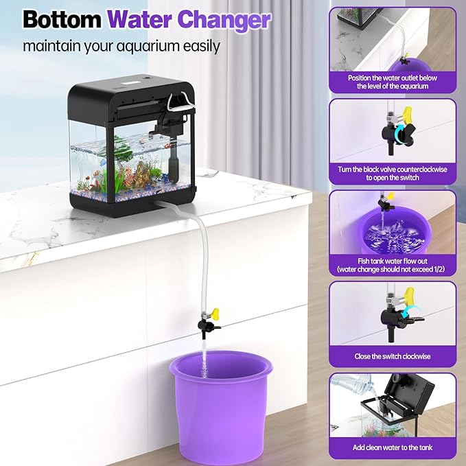 Fish Tank 2.2 Gallon Fish Aquarium with Music Humidifier 7 Color Auto-Looping Light Adjustable Water Pump with Filtration & Aeration & Circulation, Temperature Display, Bottom Water Changer-PawvioPets