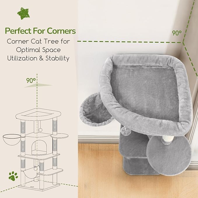 Globlazer Corner Cat Tree Tower for Indoor Cats, 51in Multi-Level Cat Condo Tower with Large Hammock, 7 Sisal Scratching Posts, Oversized Top Perch, Spacious Cat Cave, Hanging Basket, C51, Light Gray-PawvioPets