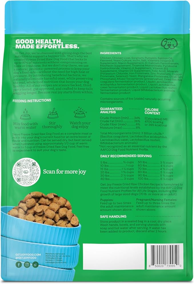 Get Joy Gut Health Fresh Freeze Dried Raw Meal, Chicken Recipe, 32 Ounce Bag, Dog Food for Dogs of All Breeds and Life Stages, PhD Animal Nutritionist Formulated, Made in USA-PawvioPets