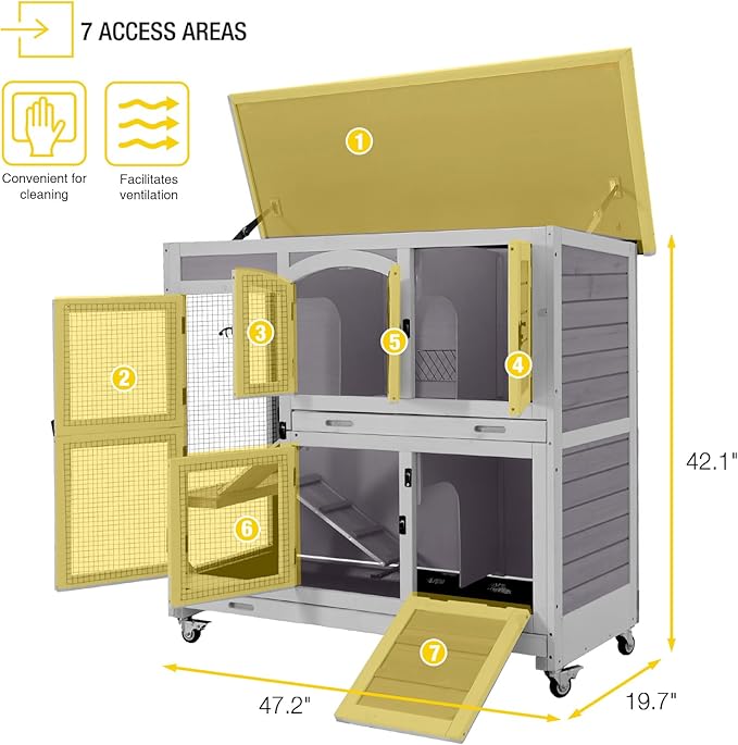Aivituvin Rabbit Hutch Indoor, Bunny Cage with Wheels, 2-Story Design, 2 Deep Trays, Anti Slip Ramp, Ideal for Small Animals - Grey-PawvioPets