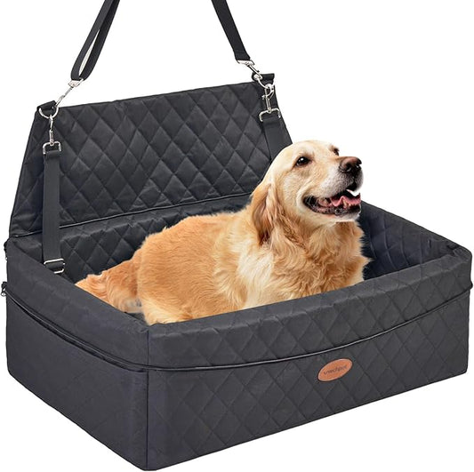 Dog Car Seat for Large/Medium Pet, Anti Slip Bottom Dogs Booster Seat for All Seasons,Pet Travel Bed with Thick Dog Sofa Cushion,2 Safety Leashes(Black)-PawvioPets