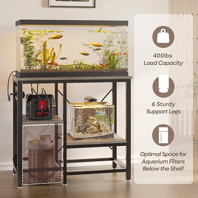 20-29 Gallon Fish Tank Stand with Power Outlets, 30.7 x 13.8 Metal Aquarium Stand with 3-Tiers Adjustable Storage Shelves, 6-Legs Reptile Terrarium Stand, 400 LBs-PawvioPets