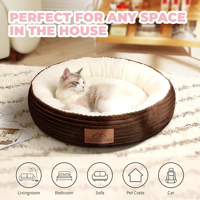 23in Round Cat Dog Bed for Large Medium Small Dogs Cats, Machine Washable Sleeping Sofa, Non-Slip Bottom Breathable Soft Calming Pet Cuddler for Indoor/Outdoor/Car/Cage, Brown-PawvioPets