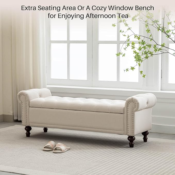 58.1'' Storage Bench Upholstered Linen End of Bedroom Bed Bench Ottoman with Tufted Cushioned Rolled Arm Large Storage Space for Reading Living Room Entryway, Beige-PawvioPets