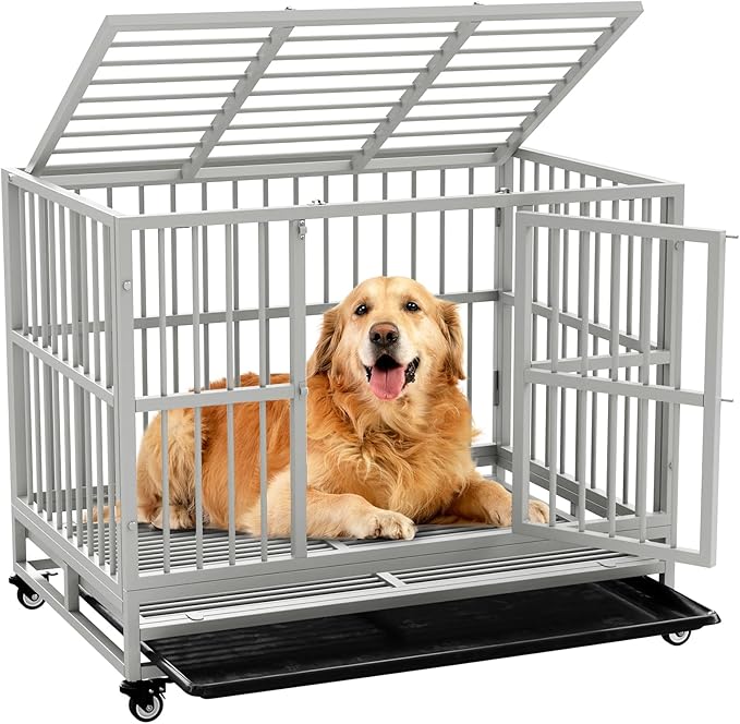 Dog Crate with Removable Tray, 37/42/46 Inch Indestructible and Escape Proof Steel Dog Cage Kennel for High Anxiety Dogs, Heavy Duty Dog Crate with Wheels, Double Door, Extra Large XL XXL-PawvioPets