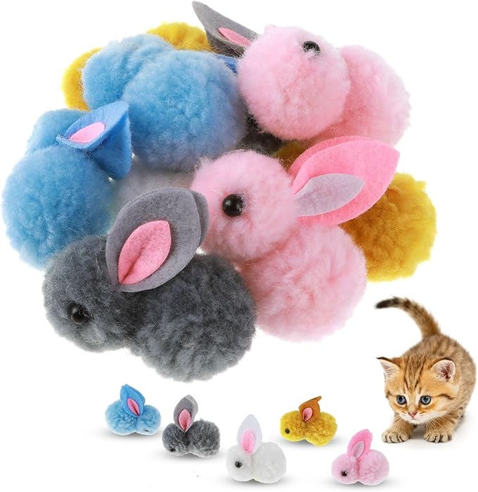 10Pcs Plush Toy Balls, Cute Bunny Shape Kitten Pompom Soft 5.5cm/2.16in Puff Ball Indoor Fun Colorful Cat Ball Toy Pom Pom Balls for Pet-PawvioPets