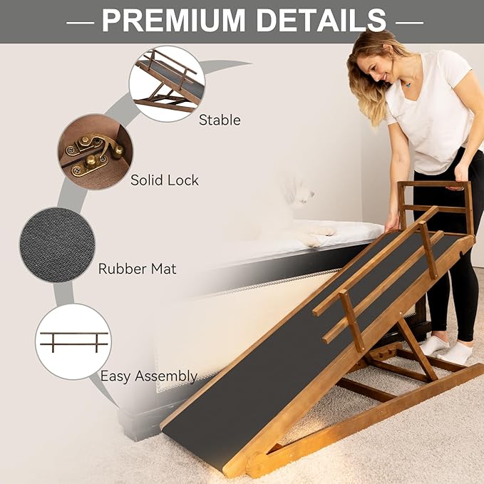 ABORON Folding Pet Ramp, 5-Level Adjustable Dog Ramp for Bed, Couch, SUV - High Traction Rubber Surface, Supports up to 200 lbs, 45.2" Long - Ideal for Small & Large Dogs & Cats,Brown Finish-PawvioPets