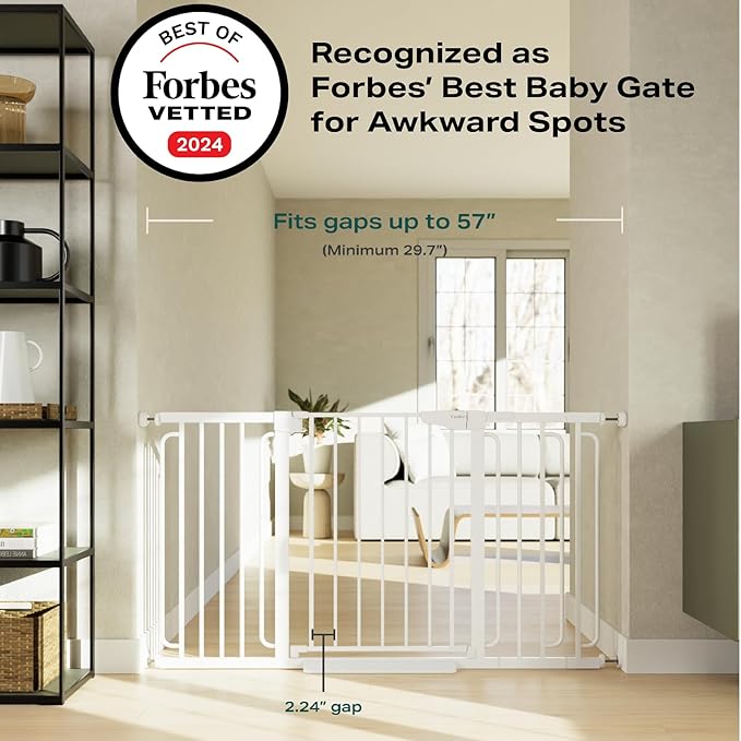 Cumbor 29.7-57" Extra Wide Baby Gate for Stairs, Mom's Choice Awards Winner-Dog Gate for Doorways, Pressure Mounted Walk Through Safety Child Gate for Kids Toddler, Tall Pet Puppy Fence Gate, White-PawvioPets