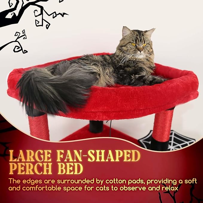 Globlazer Gothic Corner Cat Tree Tower with Scratching Post for Indoor Cats, 51inch Goth Cat Condo Tower with Large Hammock, Fan-Shaped Padded Perch, Spacious Cat Cave, Hanging Basket, C51, Red Black-PawvioPets