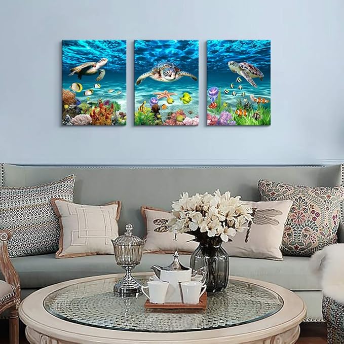 AHUASJART Canvas Wall Art for Living Room family Wall decor for Bedroom Bathroom Wall Decoration blue Ocean Sea Turtle Paintings Modern shark Pictures Artwork office Ready to Hang 12" x 16" 3 Piece-PawvioPets