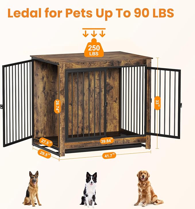 Dog Crate Furniture, Large Dog Crate Furniture, Wooden Cage Kennel Furniture Indoor, Modern Dog Crate with Multi-Purpose Removable Tray, Double-Doors Dog Furniture, Rustic Brown-PawvioPets