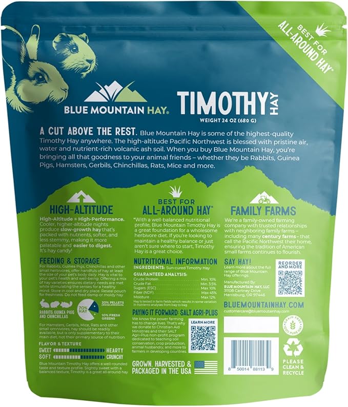 Blue Mountain Hay | Fresh Timothy Hay (24 Ounce) | Great for All Ages | High-Altitude Hay Pet Food for Rabbits, Guinea Pigs, Chinchillas, Hamsters, and Other Small Pets-PawvioPets