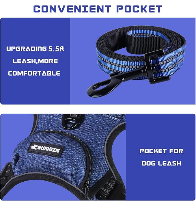 BUMBIN Dog Harness for Large Dogs, No Pull Adjustable No Choke Pet Vest with Dog Leash Fit Smart Reflective Pet Walking Harness for Training Easy Control Soft Handle Denim Blue M-PawvioPets