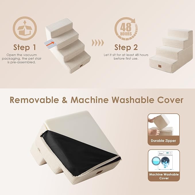 EHEYCIGA Dog Stairs for Bed 18" H, 4-Step Dog Steps for High Bed, Pet Steps for Small Dogs and Cats, Non-Slip Balanced Pet Ramp Indoor, Beige-PawvioPets
