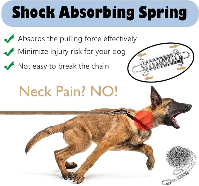 25ft Heavy Duty Chew Proof Dog Tie Out Chain Leash with Shock Absorbing Spring&Lockable Hooks-Up to 200Lbs,Use for Yard,Garden,Camping or Travel-PawvioPets