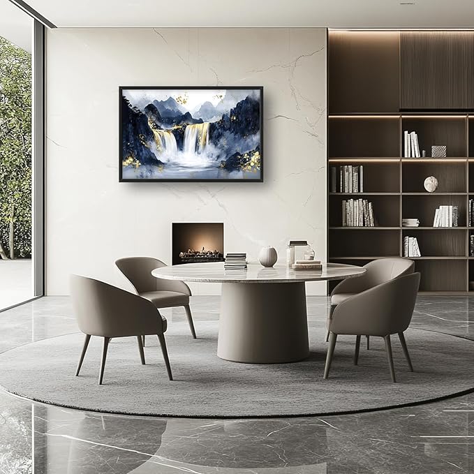 Extra Large Abstract Golden Waterfall Framed Wall Art for Living Room,Oversized Foggy Mountain Pictures Wall Decor,Canvas Print Painting Modern Artwork Bedroom Office Bathroom 36L" x 24W"-PawvioPets