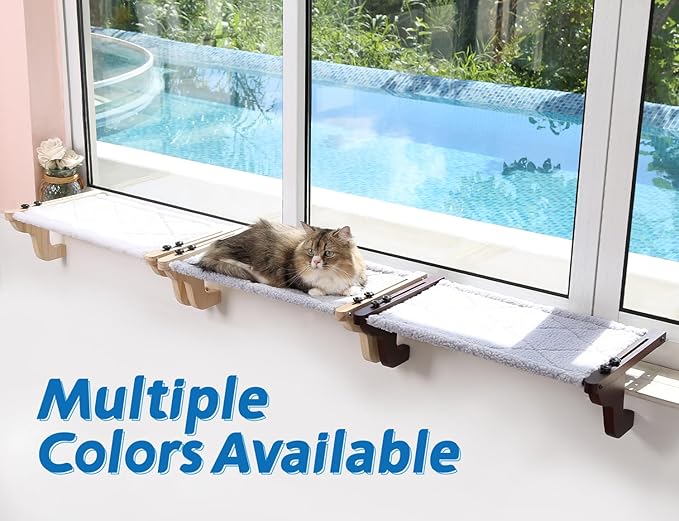 Easy Seat Cat Perch for Window Sill - Hammock Design w/Pine Wood & Robust Metal Frame - Cat Window Seat for Large Cats and Kittens (Natural Color Wood w/Gray Bed, Large (26''W x 14''D))-PawvioPets