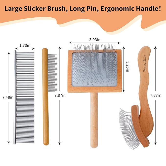 Ergonomic Slicker Brush for Long-Haired Dogs - Wooden Handle, Long Pins for Grooming Goldendoodles-PawvioPets