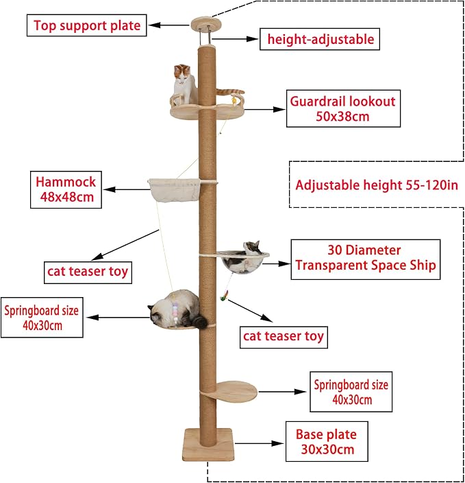 Floor to Ceiling Cat Tree Height (50-120 in) Adjustable Cat Tower 5 Tier Hemp Scratching Post High Cat Tree Sturdy Activity Tree Indoor Outdoor Cat Scratching Post Activity Center-PawvioPets