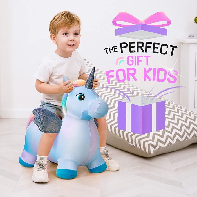 EVERICH TOY Unicorn Bouncy Horses Inflatable Plush Hopping Toy Bouncing Hopper Animals for Toddlers,Outdoor&Indoor Bouncy Animals for Toddlers,Gift for 18 Months 2 3 4 Year Old (W/Pump)-PawvioPets
