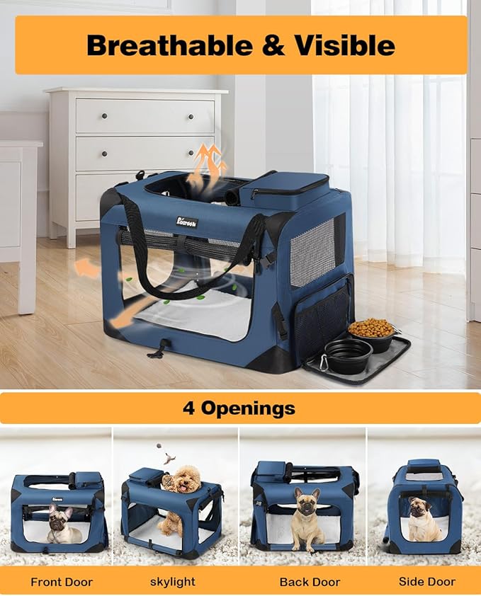 Extra Large Dog Crate with 2 Foldable Bowl, 36 Inch Collapsible Travel Dog Crate Kennel with Soft Blanket for Medium Dogs,Indoor & Outdoor (36" L x 25" W x 25" H, Navy)-PawvioPets