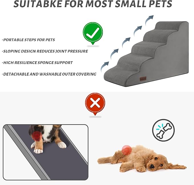 5-Step Dog Stairs and Ramp for High Bed, Non-Slip Sturdy Pet Steps for Small Dogs and Cats,22.2" H,Grey-PawvioPets