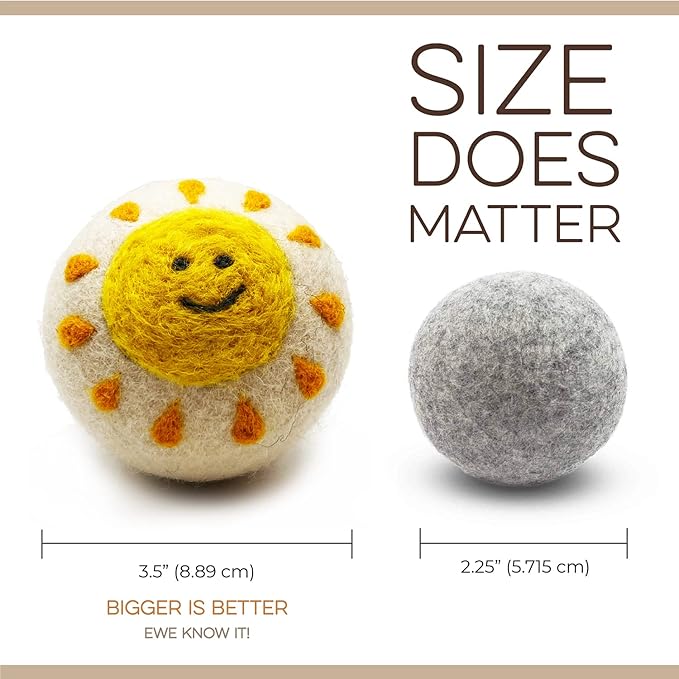 Fluff Ewes Wool Dryer Balls 6 Pack Premium New Zealand Wool Laundry Balls for Dryer, No Static Dryer Balls Laundry Reusable, XL Wool Dryer Balls Cute, Baby Dryer Balls for Dryers - Rainbow or Shine-PawvioPets