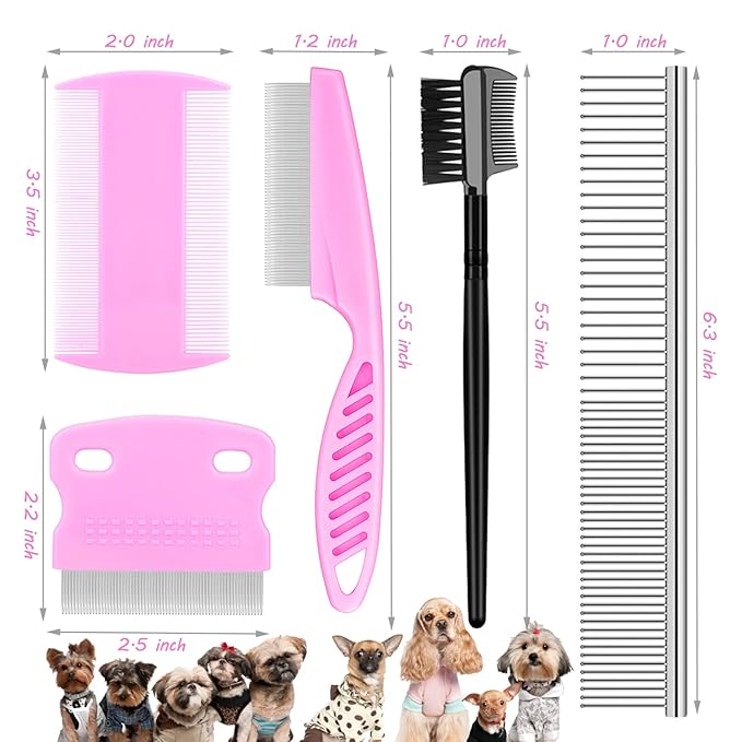 Flea Comb Lice Comb Cat Comb Dog Comb Pet Grooming Combs Tear Stain Remover Comb Remove Mucus Crust 2-in-1 Metal Round Smooth Teeth Comb Remove Floating Hair Tangles Dander (pink)-PawvioPets